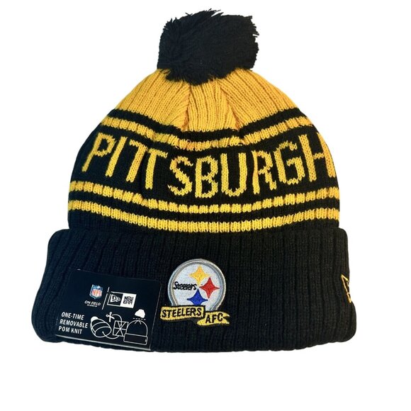 Pittsburgh Steelers AFC NFL Knit Beanie Hat With Pom Black & Yellow New Era - Picture 1 of 9
